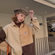 Kemeja Kotak-kotak Jahitan Longgar Wanita Warna Kontras Retro Lengan Panjang Atasan Korea Jaket Serb