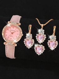 5件/套女士粉色鍍帶優雅心形石英手錶和心形全晶鑽飾品套裝，愛情鑽石套裝母親節禮物