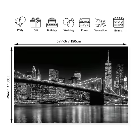 2D plan, 1 New York City skyline and Brooklyn Bridge wall sticker - Black and white New York night s