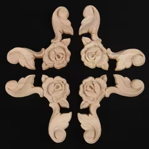 4pcs 2.6x6cm Wood Carvings Decals Corner Decorative Plaques for Cabinet Walls Doors Bed Cupboard Dre