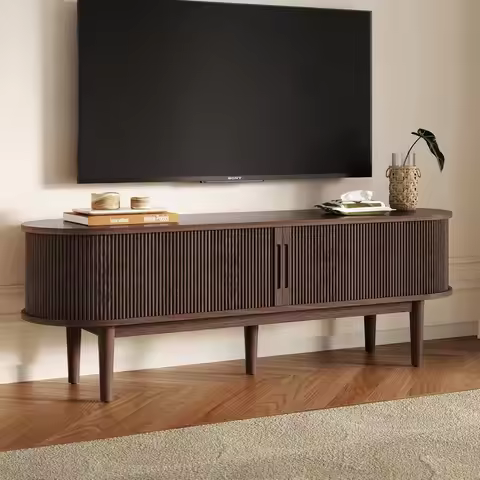 58" Fluted TV Stand for TVs up to 65 Inch, Mid Century Modern Entertainment Center with Storage Cabi