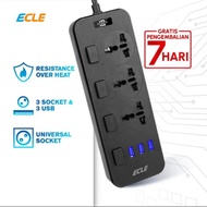 ECLE Power Strip Stop Kontak 3 Power Socket 3 Smart USB Port (Hitam)