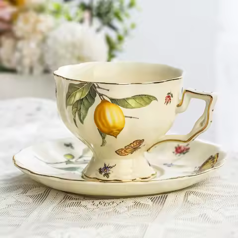 Vintage Lemon Teapot Coffee Cup and Saucer Set Beautiful Coffee Mug Modern Set Tania Bulhoes Luxury