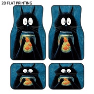 4PCS Car Feet Mats Blue Bottom Black Cat Holding Fish Tank Fun Pattern Printing, Polyester Fiber Mat