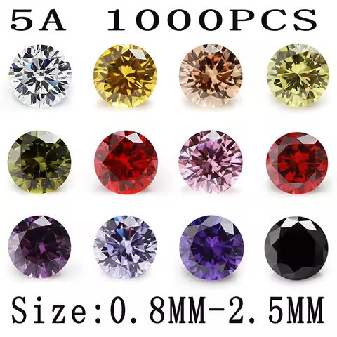 1000pcs Size 0.8-2.5mm Round Loose Cubic Zirconia 5A CZ Stones White Golden Yellow Olive Pink Black 