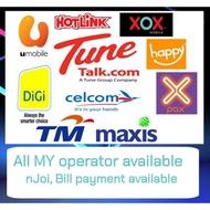 Maxis, Celcom, DiGi, uMobile, nJoi, Yes, XoX, Altel all operator topup, pay Bill payment RM5
