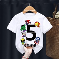 2024 Children Cartoon Marvel Spiderman Hulk Iron Man Personalize Name Boy Shirt New Summer 2024 Birthday 1~9 Girl Short Sleeve Tshirt
