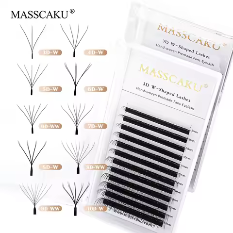 12 Rows MASSCAKU Soft Long-lasting 3D/4D/5D W Design Lash C/D Curl 0.07mm Thickness 3D Effect Handma