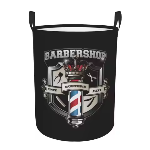 Customized Barber Pole And Crown Laundry Hamper Large Clothes Storage Basket Vintage Barbershop Toys