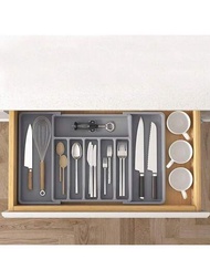 1個餐桌用具組織架,可擴展廚房抽屜組織架,可調節餐具組織架,刀叉餐具抽屜收納盒,黑色,多功能廚房收納方案