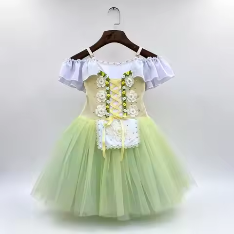 Light Yellow Summer Ballet Tutu Dress for Girls, Long Tulle Skirt, Coppelia, La Fille Mal Gardée, Gi