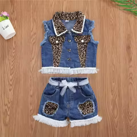 1-6years Baby Girls Denim Casual Outfit Sets Sleeveless Leopard Print Denim Top + Leopard Print Deni