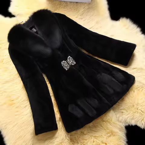 Black winter fur coat for women new outwears top quality Med-length imitation mink fur jackets faux 