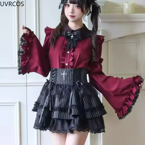 Japanese Y2k Aesthetic Lolita Style Shirts Women Vintage Gothic Y2k Lace Patchwork Blouses Tops Vict