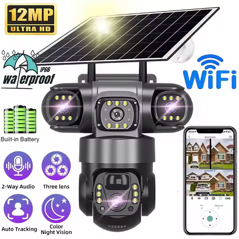 Solar Outdoor WIFI Camera 12MP 6K Three HD Len Three Screen Monitor Night Vision Security Protection