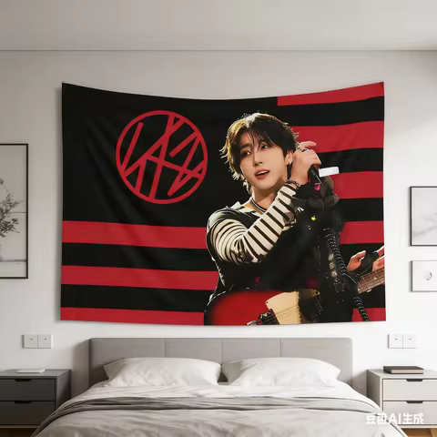 SKZ Han Jisung Rockstar Print Tapestry Red Black Striped Wall Hanging Kpop Idol Merch Bedroom Dorm D