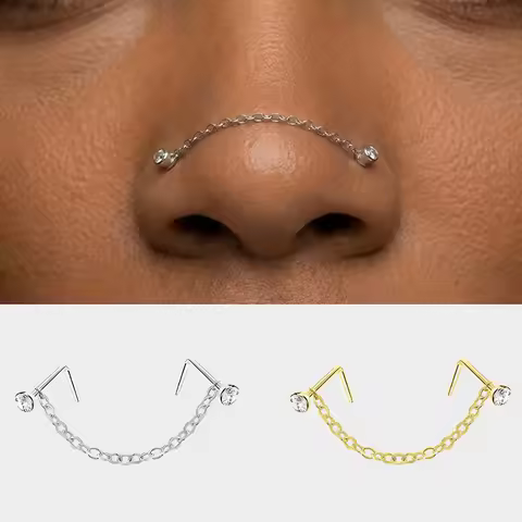 316L Medical Stainless Steel Double Nose Ring Chain Zircon Nose Stud Hoop Dangle Tassel Piercing Jew