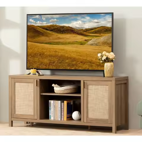 TV Stand for Living Room : Rattan TV Console Cabinet with Storage and Shelf, Boho Entertainment Cent
