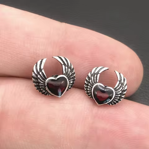 Indie Gothic Silver Colour Vintage Blood Red Heart with Wings Ear Studs Aesthetic E Girl Goblincor E