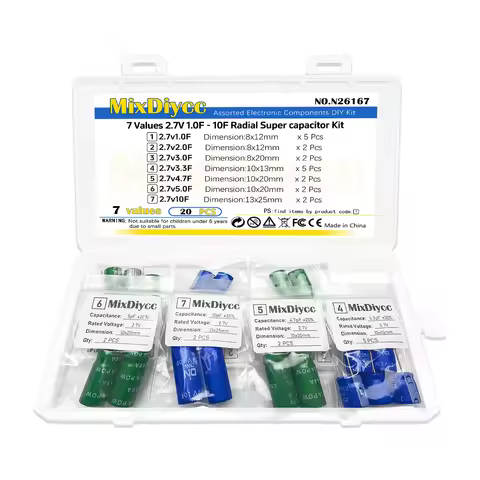 7 Values 2.7V Supercapacitor Kit 1F/2F/3F/3.3F/4.7F/5F/10F Farad capacitor Total 20 Pcs