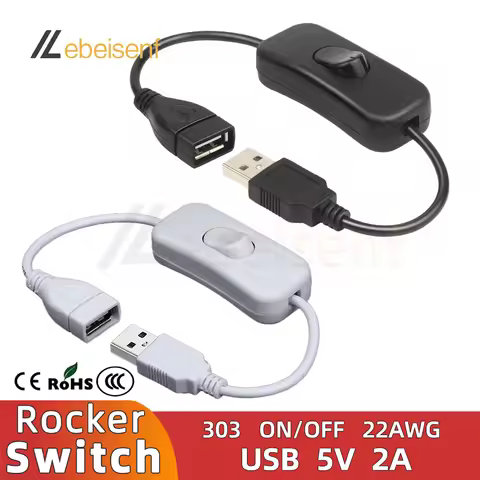 5V 303 Rocker Switch Wire 22 AWG USB 2.0A Male and Female 30CM Black White Electronic Power Supply C