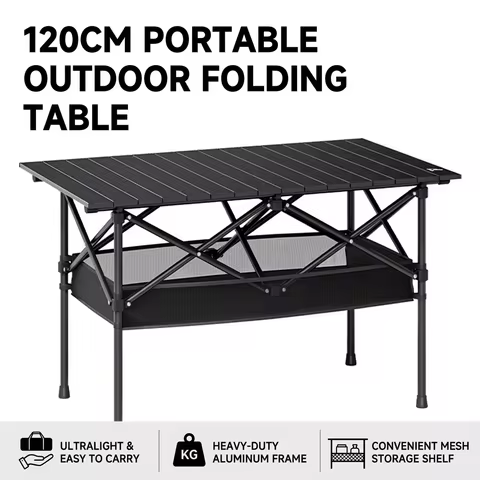 Portable Folding Outdoor Table, 95cm/120cm Lightweight Camping Table with Mesh Storage Shelf, Waterp