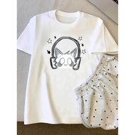Y2K Women's Cotton T-Shirt - Cute Cat Wearing Headphones & Star Graphic, Casual Round Neck Short Sl