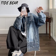 TIDE BEAR เสื้อแจ็คเก็ตยีนส์ ผู้ชายแจ็คเก็ตย้อนยุคสีตัดกันสำหรับผู้ชายและผู้หญิงแจ็คเก็ตผ้าเดนิมหลวมดีไซน์แบบประกบกัน