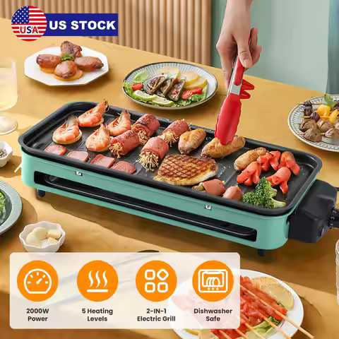 2-in-1 Electric Raclette Grill Indoor BBQ Tabletop Griddle 2000W 5-Temp Control Non-stick Dishwasher