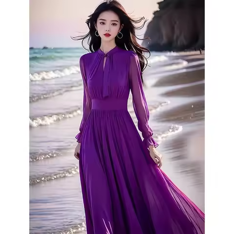 Purple Shirt Dress Women's 2025 Summer New Style Super Fairy Temperament Socialite Beauty Tea Break 