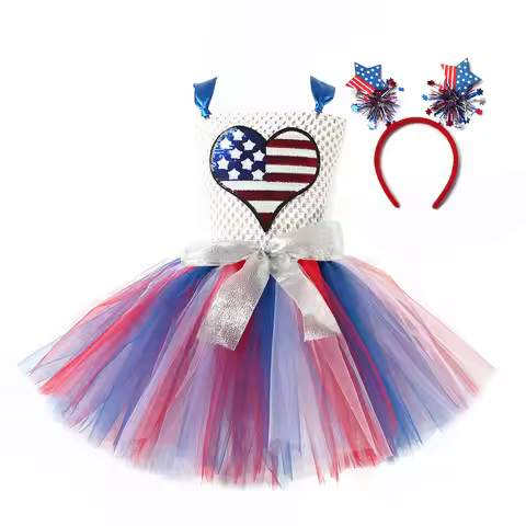 Girls 4th July Tutu Dresses USA Flag Sequin Heart Dress Independence Day Patriotic Kids Striped Clot