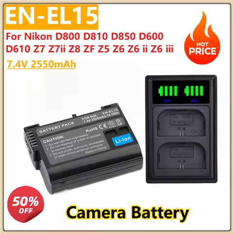 7.4V 2550mAh Camera Battery (EN-EL15/EN-EL15C) & LED Charger for Nikon D800 D810 D850 D600 D610 Z7 Z