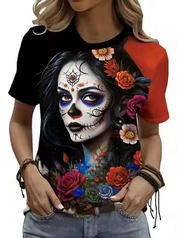Horror Women T-shirt Halloween Skull Face 3d Print T shirt Women Fashion O-Neck Short Sleeve Plus Si