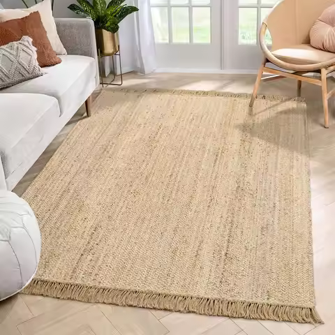 Living Room Carpet Natural Jute Hand Woven Wear Resistant Durable Tassel Rug Fashion Minimalism Home