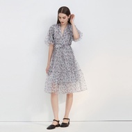 SDee Midi ชุดผู้หญิง V คอแขนฟอง A-Line กระโปรงความยาวสไตล์ไม่สมมาตรรูปแบบเสื้อผ้าทํางาน S223Z120E