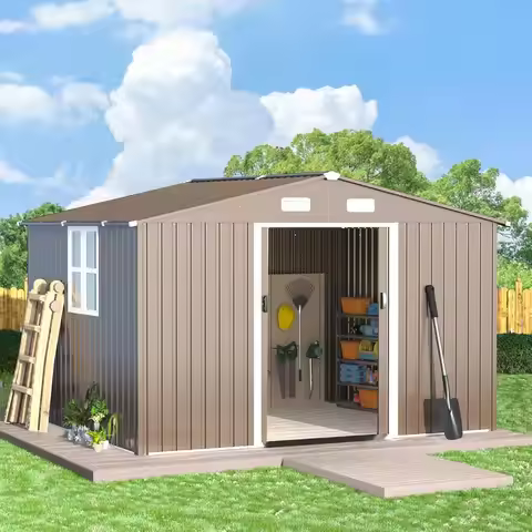 10x8 Galvanized Metal Storage Shed with Vents and Sliding Door, Waterproof Outdoor Shed for Garden, 