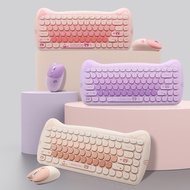 Cute Wireless Keyboard Mouse Combo 84 Keys Mini Cat Theme Silent Office Keyboard Set for Laptop