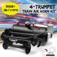 DC 12V 150DB 4 Trumpet Train Horn Kit 12V 150PSI Super Loud with Air Compressor for Vehicle Truck Ca