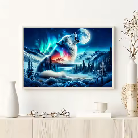 1000pcs Northern Lights Wolf Howling at Moon Jigsaw Puzzle - Aurora Borealis Arctic Wolf Night Sky S
