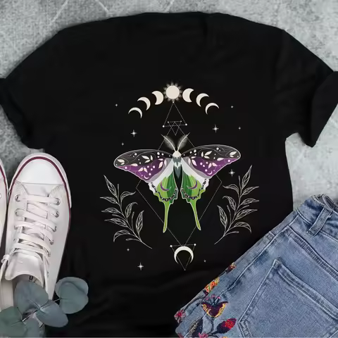 Aroace Pride LGBT T Shirt Aromantic Asexual Luna Moth Moon Phase Cottagecore for vintage Washed Vers