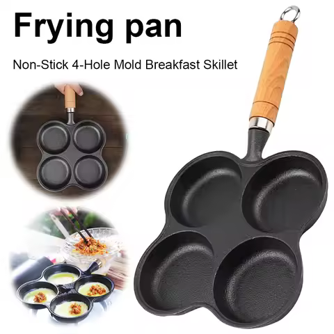 Non Stick 4 Hole Cookware Pancake Pan with Wooden Handle Ideal for Breakfast Burgers and Eggs Suitab