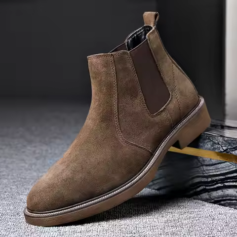 Men's Chelsea Leather Boots British Suede Autumn and Winter Cowhide Plush Men's Boots Snow Boots