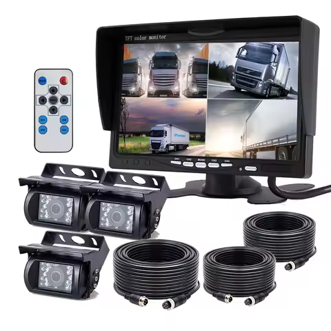 iPoster 7 Inch IPS Screen Quad Monitor Split Screen 12-24V 3x Front Rear View Camera Reverse Backup 
