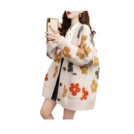 Women Sweater Coat V-Neck Long Sleeve Flower Pattern Knitted Cardigan with Pockets Loose Fit Autumn 