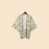 Back to Green-日本帶回羽織 淺薄荷 花與燕子 /vintage kimono