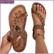 Women Bohemian Flat Sandals Faux Leather Summer Shoes Rhinestone Beaded Gladiator Beach Sandals for 