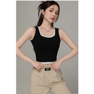 Korean style Contrast Stitch Padded Crop Top Tank Top For Woman stylish square &round neck Camisole