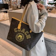 Coach Shoulder Tote Bag Leather Colour Blocking Handbag Korean Letter Casual Commute Shopping Bag