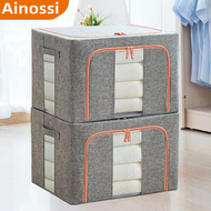Ainossi กล่องผ้าพับได้ กล่องใส่ของ กล่องอเนกประสงค์ มีโครงเหล็ก กล่องเก็บของถูกที่สุด กล่องผ้าโครงเหล็ก 3 อัน มีซิปเปิด-ปิด 2 ด้