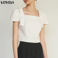 VONDA สายสะพายไหล่คอเหลี่ยมสำหรับผู้หญิงเสื้อสั้นทนทานเสื้อสตรีแขนยาวพัฟลำลอง (ลายดอกไม้เกาหลี)